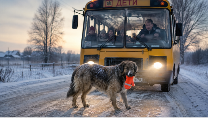 Замерзающий пёс преградил путь школьному автобусу... Детская варежка в его пасти заставила водителя пойти к старому карьеру