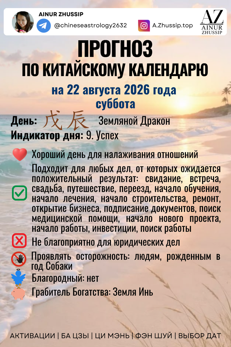 Прогноз по китайскому календарю на 22.08.2026 г.