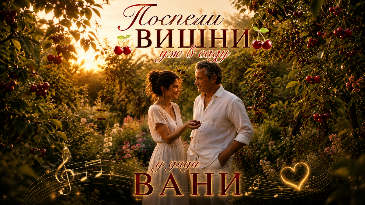 Поспели вишни, уж, в саду у дяди Вани 🎬 Красивая песня о любви, музыка для души, лирическая ностальгия, романтика 🍒. Изображение создано при помощи нейросетей. Реальные люди на изображении отсутствуют.