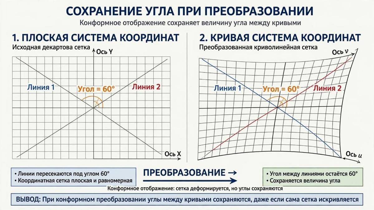 Главное свойство конформного отображения в том, что угол между двумя кривыми остаётся неизменным, и именно это позволяет переносить физику задачи из одной геометрии в другую, не разрушая ключевых соотношений.