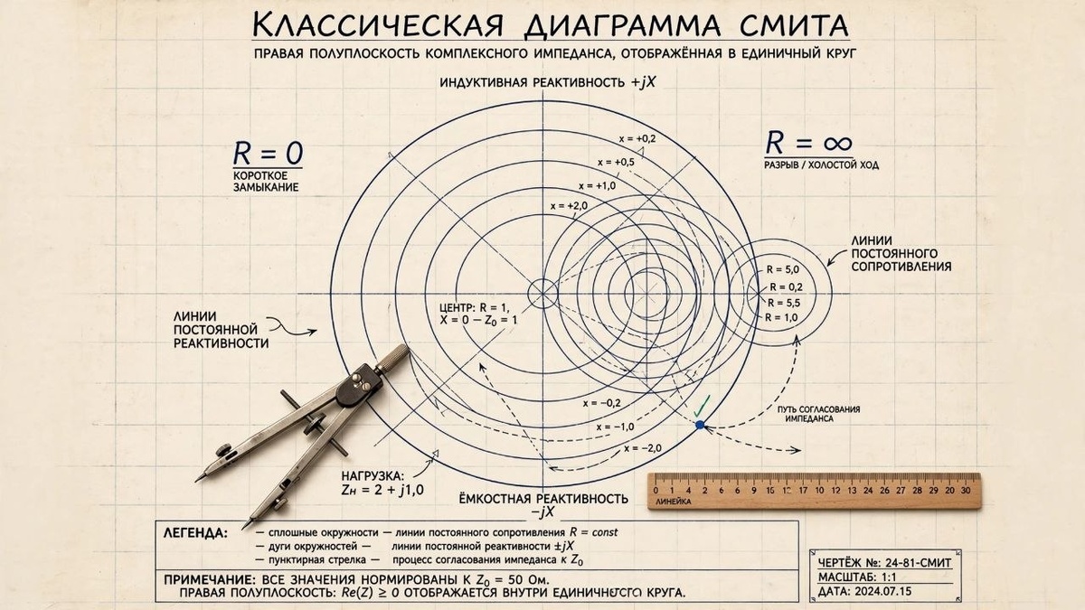 Физически реализуемые сопротивления заполняют лишь правую полуплоскость, а дробно-линейное преобразование сжимает её внутрь единичного круга, где инженер, орудуя циркулем и линейкой, находит согласование антенны без единого интеграла.