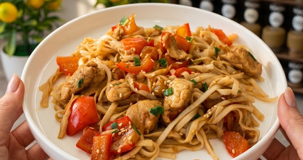 Сочный ПП-удон с курицей в соусе терияки 🍜: сытный обед за 15 минут и всего 109 ккал!