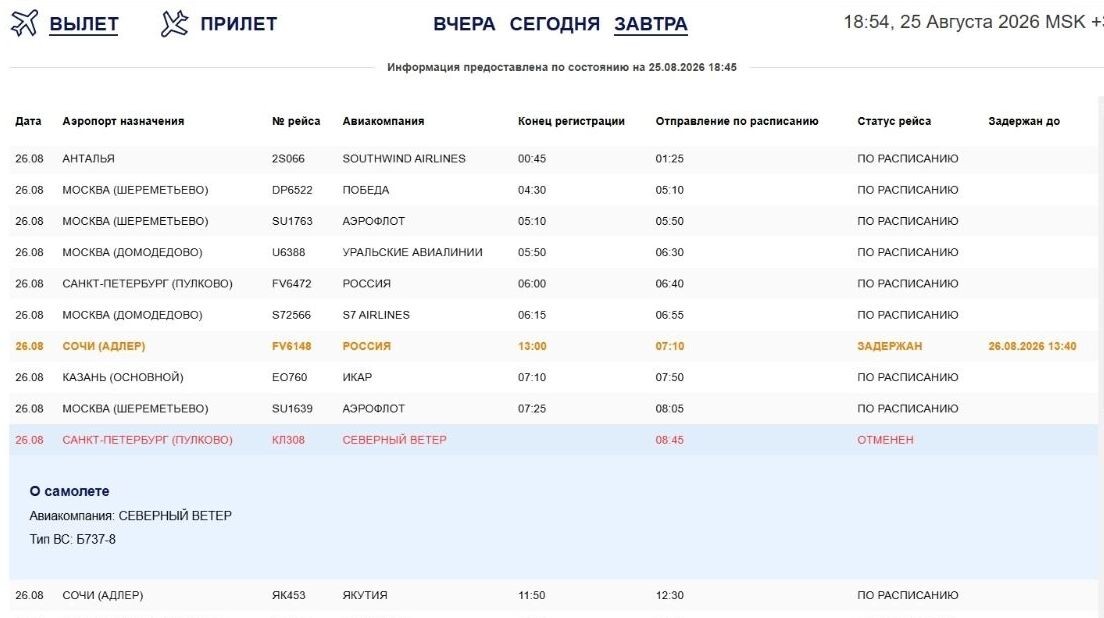    Рейс в Санкт-Петербург, планировавшийся на 26 августа, пришлось отменить   Официальный портал омского аэропорта / aeroomsk.ru