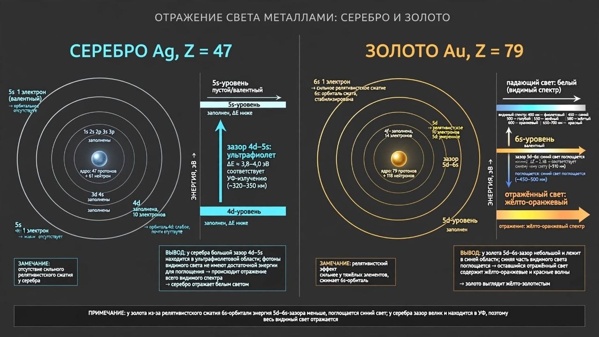 Тяжёлое ядро атома золота разгоняет внутренние электроны до околосветовых скоростей, запуская релятивистское сжатие орбиталей.
