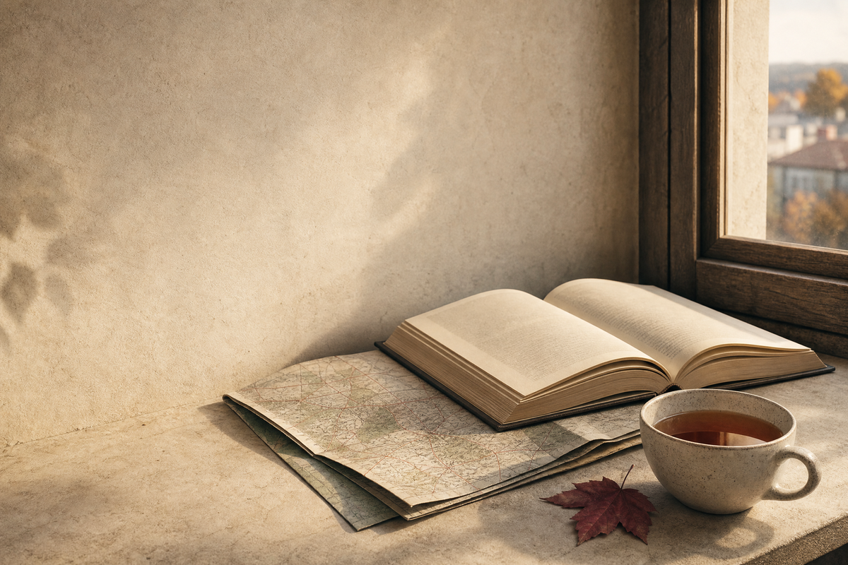 Обложка: книга, карта и чашка у окна