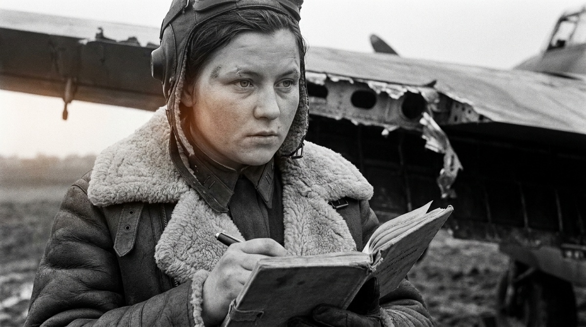 Пробитое крыло за плечом и раскрытая лётная книжка в руках — за этот вылет она получит орден, отказавшись садиться на чужое поле.