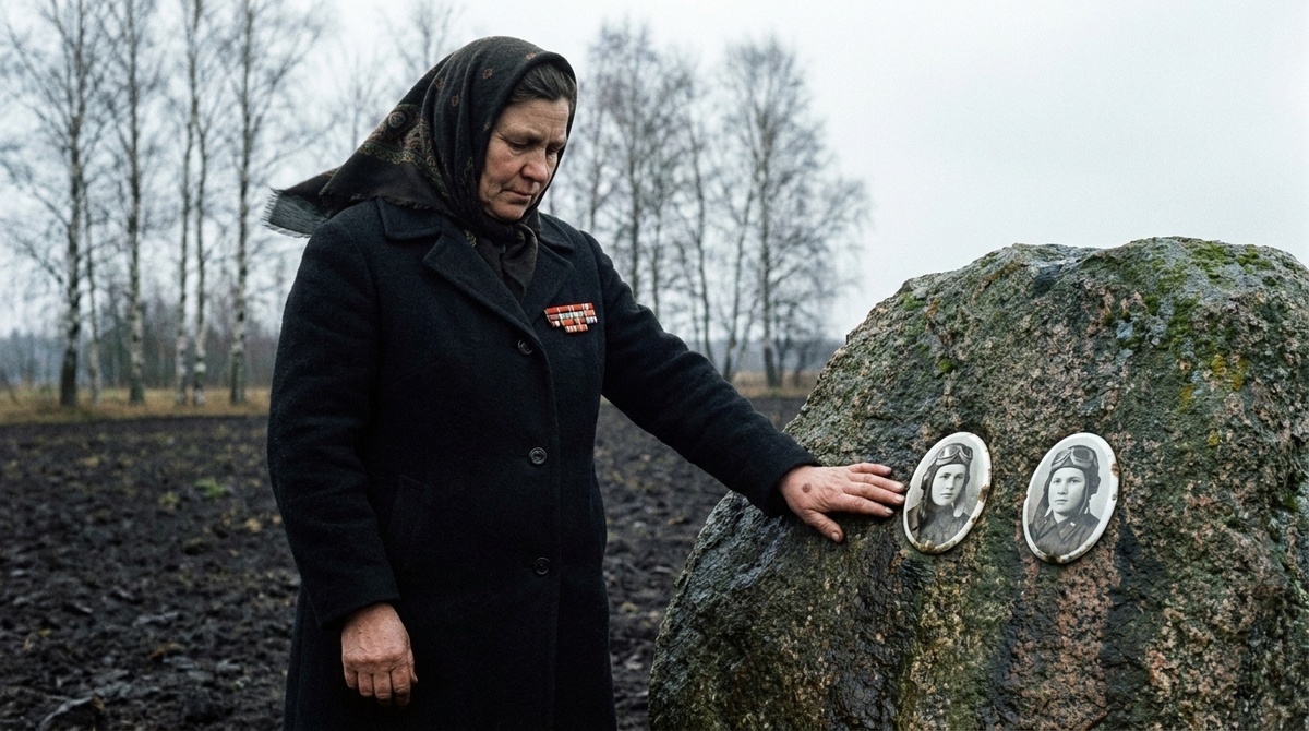 Пожилая женщина у гранитного валуна с двумя фотографиями — единственная, кто вышел из того экипажа живой, приехала сюда через тридцать лет.