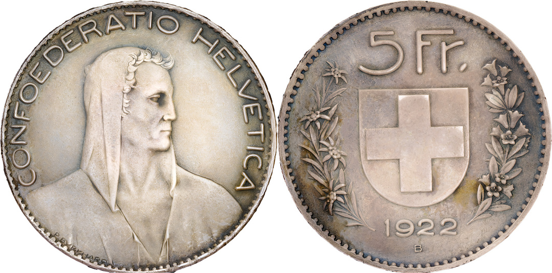 Интересные монеты. Швейцария 5 франков 1922- н.в.