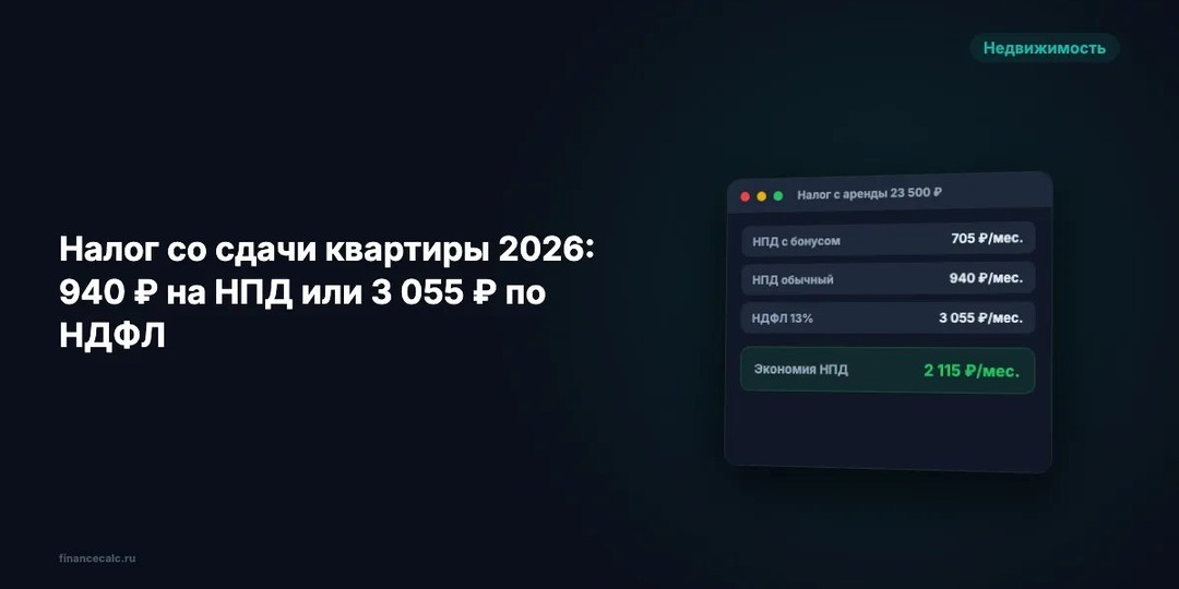 Налог со сдачи квартиры 2026: 940 ₽ на НПД или 3 055 ₽ по НДФЛ