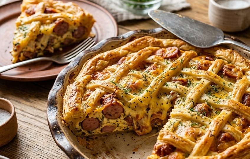 Сытный пирог с капустой, сосисками и сыром на кефире