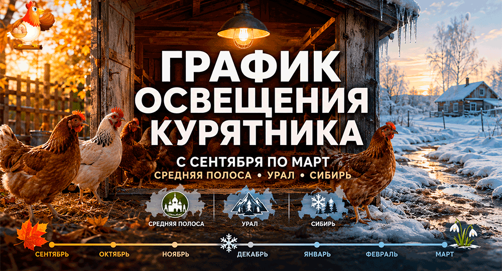 Готовый график освещения курятника с сентября по март – когда включать лампу 🐔🥚🌙💡💡💡