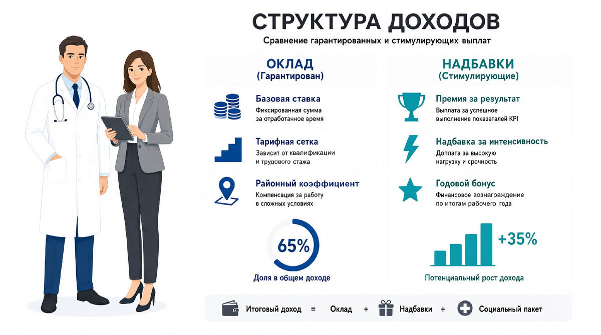 Рисунок 3. Сравнение гарантированной (окладной) и стимулирующей частей заработной платы врача