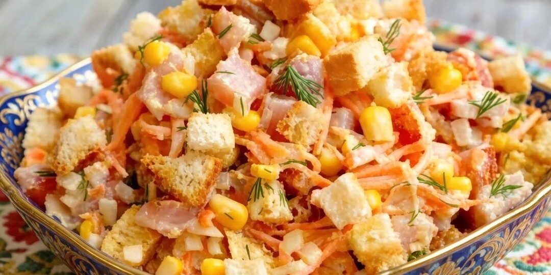 Идеальный салат с курицей, кукурузой и сухариками
