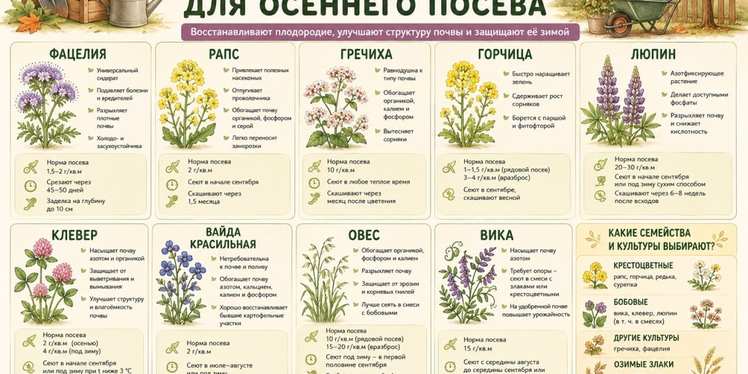 Выбираете сидераты для осеннего посева? Сохраните список лучших вариантов
