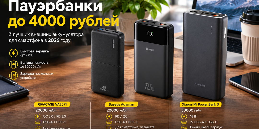 Пауэрбанк до 4000 рублей: 3 лучших внешних аккумулятора для смартфона в 2026 году
