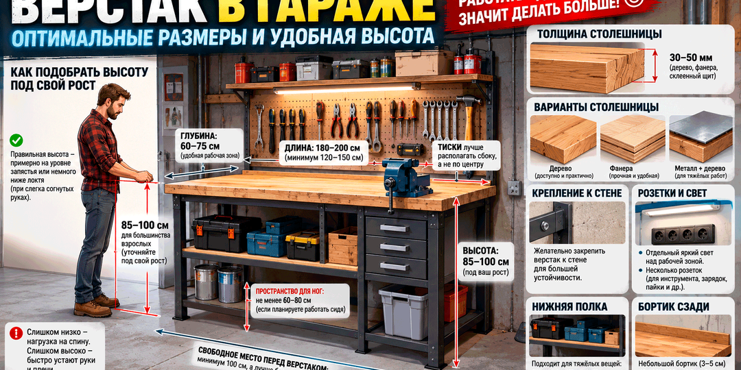 Как сделать удобный верстак в гараже – какая высота нужна, сколько места оставить и 10 ошибок, из-за которых спина скажет: спасибо, хватит