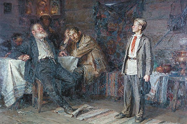 Подвиг Павлика в СССР был воспет. Репродукция картины художника Никиты Чебакова «Павлик Морозов» (1952 год). 