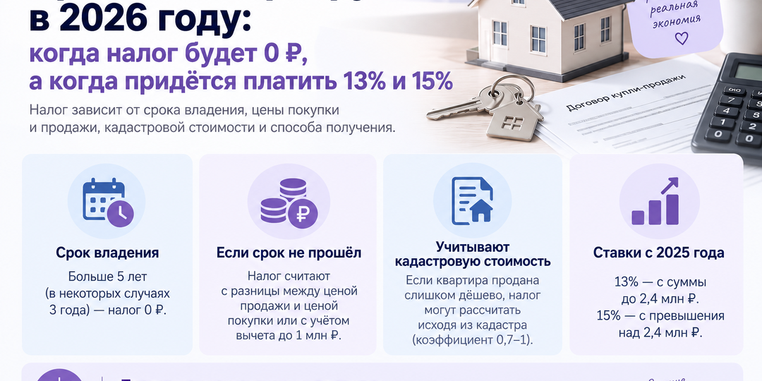 Продали квартиру в 2026 году: когда налог будет 0 ₽, а когда придётся платить 13% и 15%