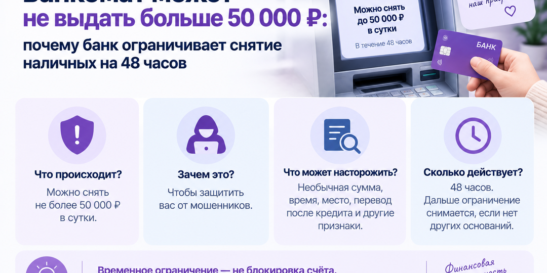 Банкомат может не выдать больше 50 000 ₽: почему банк ограничивает снятие наличных на 48 часов?