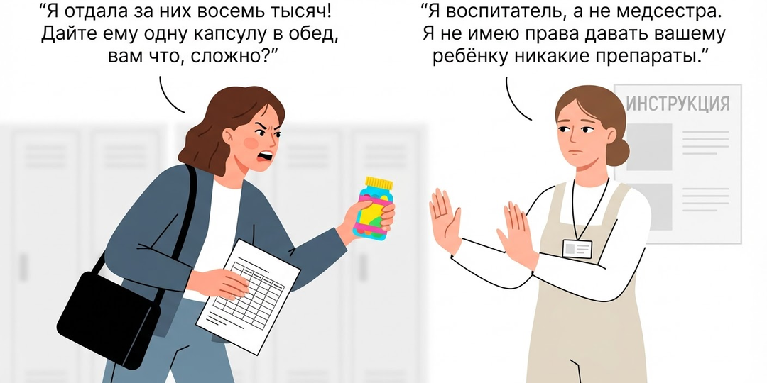 «Дайте ребёнку вот эти витаминки в 10:00 и 15:00» — потребовала мама в саду. Я отказалась — она обвинила меня в том, что её сын болеет