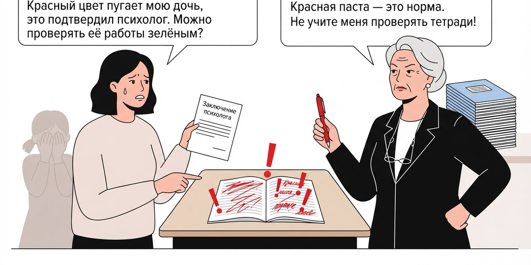Учительница исправляет в тетради красной пастой. Психолог сказал, что красный «травмирует». Я попросила перейти на зелёную, мне отказали
