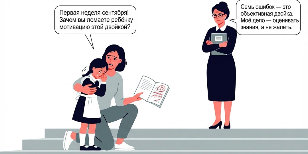 Учительница поставила "2" в первую неделю сентября. Дочь рыдала всю дорогу домой. Я потребовала убрать оценку