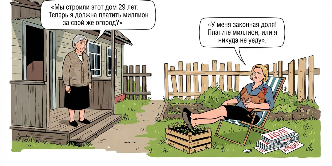 Свёкор женился на аферистке и вскоре умер. Она получила 1/6 дома как и его родные дети, живёт там и требует миллион за выкуп
