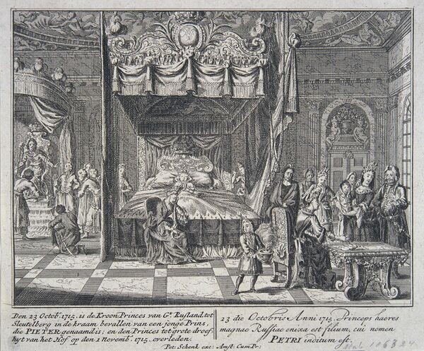 Петер Шенк. Сцена рождения царевича Петра Алексеевича (1715)