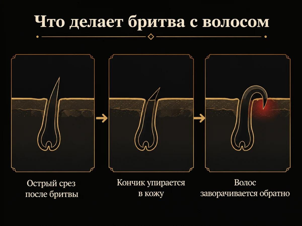 Бритва оставляет кончик, который упирается в кожу или заворачивается в неё