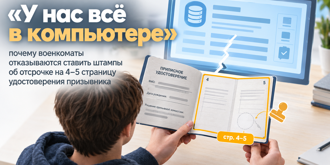 «У нас всё в компьютере»: почему военкоматы отказываются ставить штампы об отсрочке на 4–5 страницу удостоверения призывника