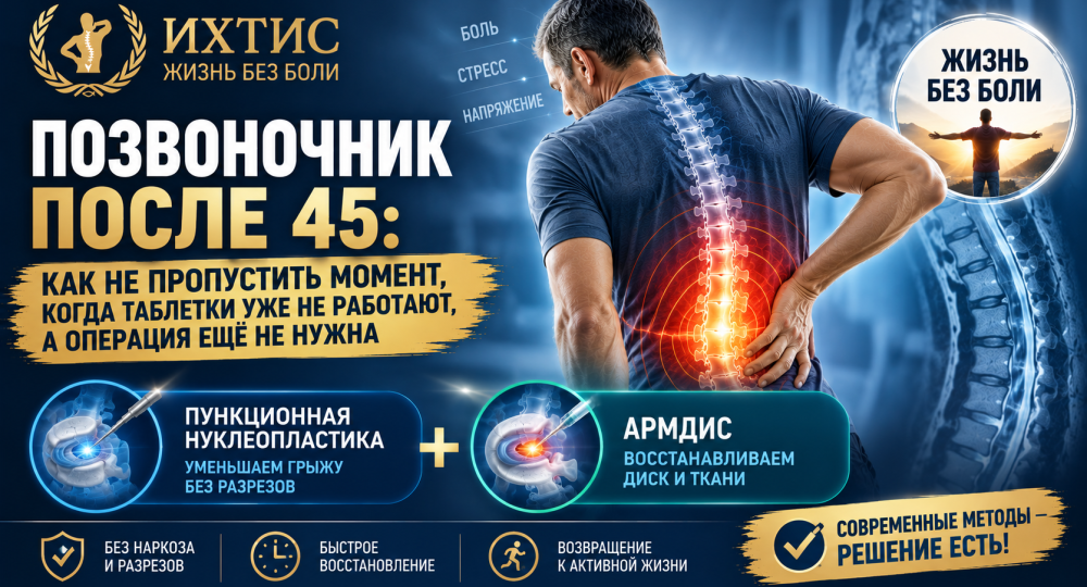 Позвоночник после 45: как не пропустить момент, когда таблетки уже не работают, а операция ещё не нужнаПозвоночникПозвоночник после 45: ка