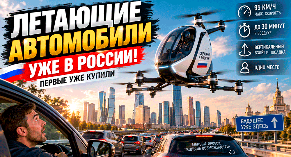 Летающие автомобили начали выпускать в России – первые уже заказаны. 95 км/ч, вертикальный взлёт и регистрация через Госуслуги