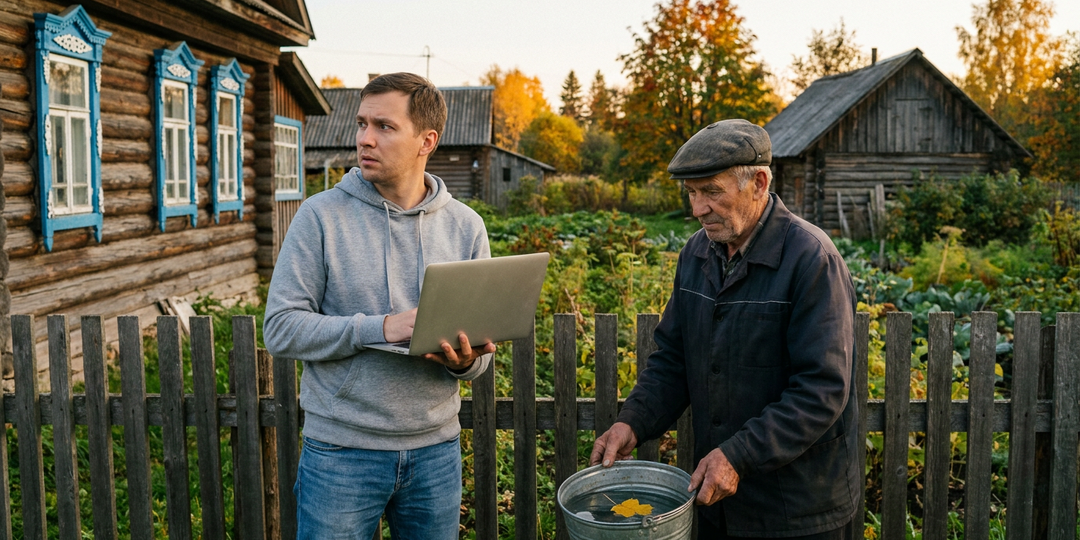 Попросил у деревенского соседа Wi-Fi, а тот принёс ведро воды: "Вай-фай у колодца"