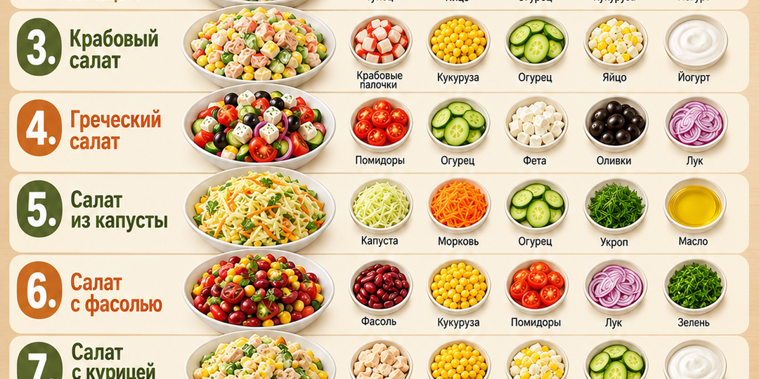🥗 Когда хочется приготовить быстрый, сочный и недорогой салат на ужин: удобная кулинарная шпаргалка по 10 рецептам из доступных продуктов