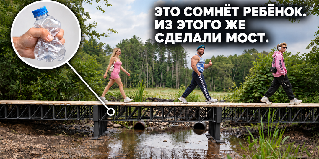 Из пластиковых бутылок сделали несущие детали моста. Как мягкий пластик выдержал тонны конструкции