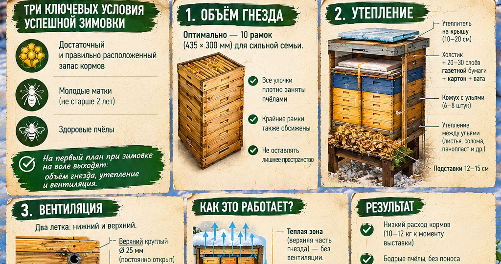 Утепление и вентиляция ульев при зимовке пчел на воле