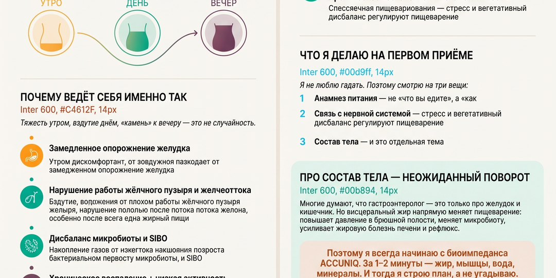 Утром тяжесть, днём вздутие, вечером — «как будто камень». Что я вижу на приёме каждый день