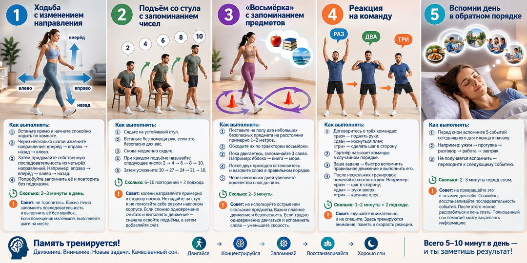 Память стала подводить? 5 необычных упражнений, которые соединяют движение и работу мозга
