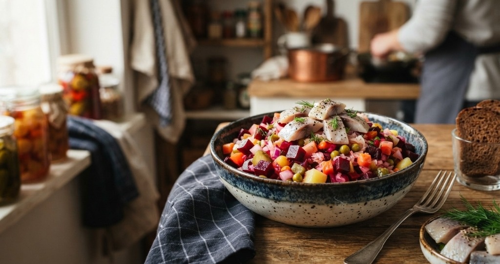 Винегрет с селёдкой: как привычный салат становится сытнее и вкуснее