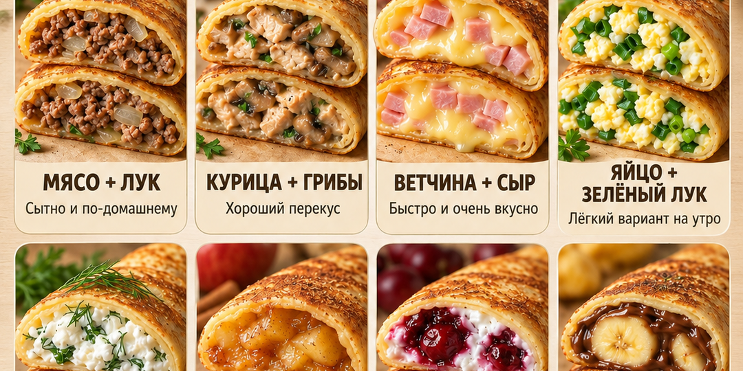 🥞 Когда хочется завернуть в блинчики что-то по-настоящему вкусное: удобная кулинарная шпаргалка по 8 сытным и сладким начинкам