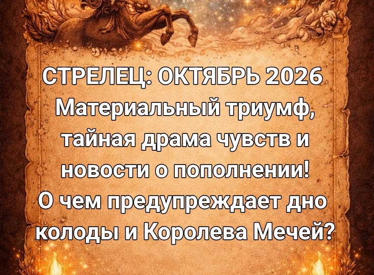 ♎️ Стрелец: Таро-прогноз на октябрь 2026 года. Материальный триумф, тайная драма чувств и житейский совет Королевы Мечей.