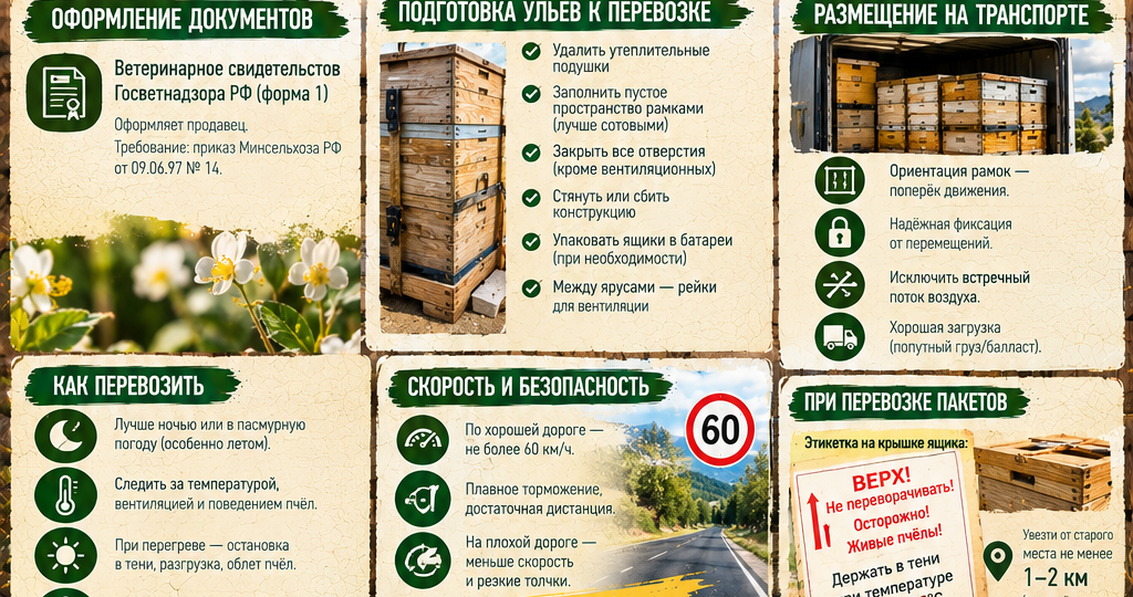 Перевозка пчелиных семей и размещение пасеки на новом участке