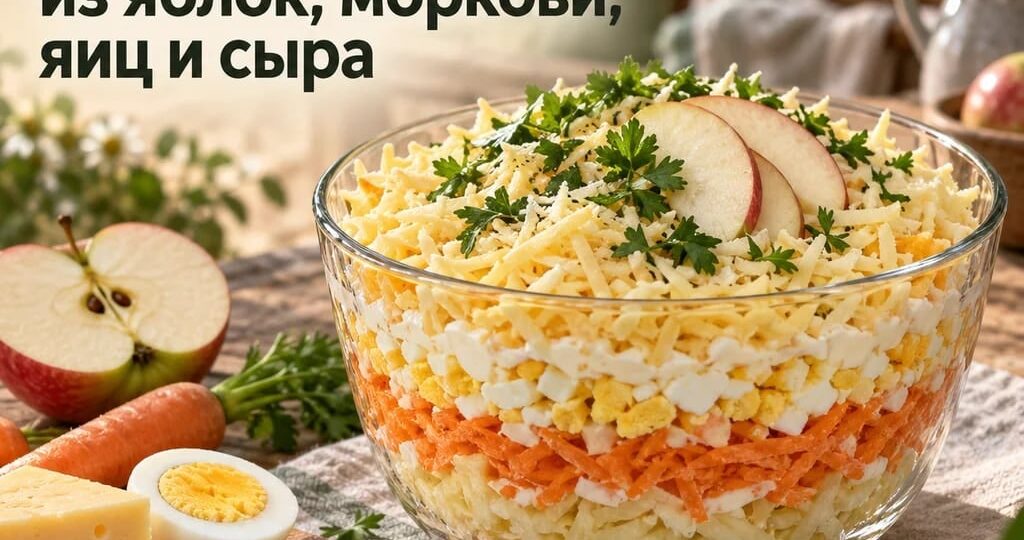 Слоёный салат из яблок, моркови, яиц и сыра