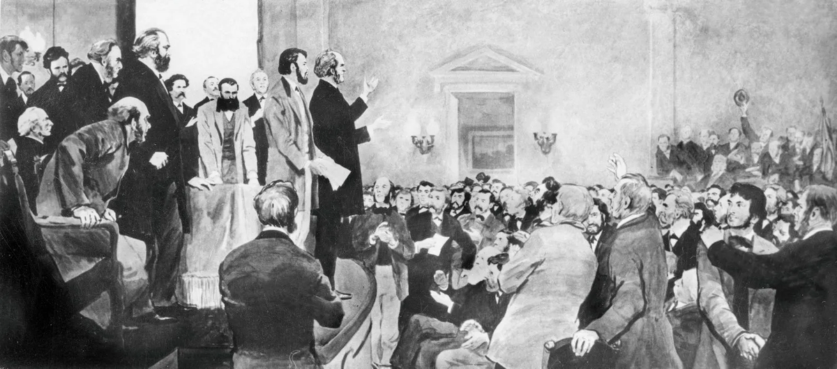 28 сентября 1864 года К. Марксом и Ф. Энгельсом был основан 1-й Интернационал⁠. Художние О.Г. Верейский.