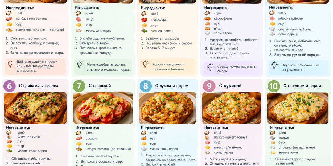 10 горячих бутербродов из доступных продуктов: вкусный завтрак за 10 минут 🥪