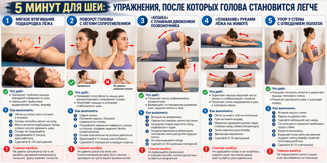 5 минут для шеи: 5 упражнений, которые помогают снять напряжение и вернуть лёгкость