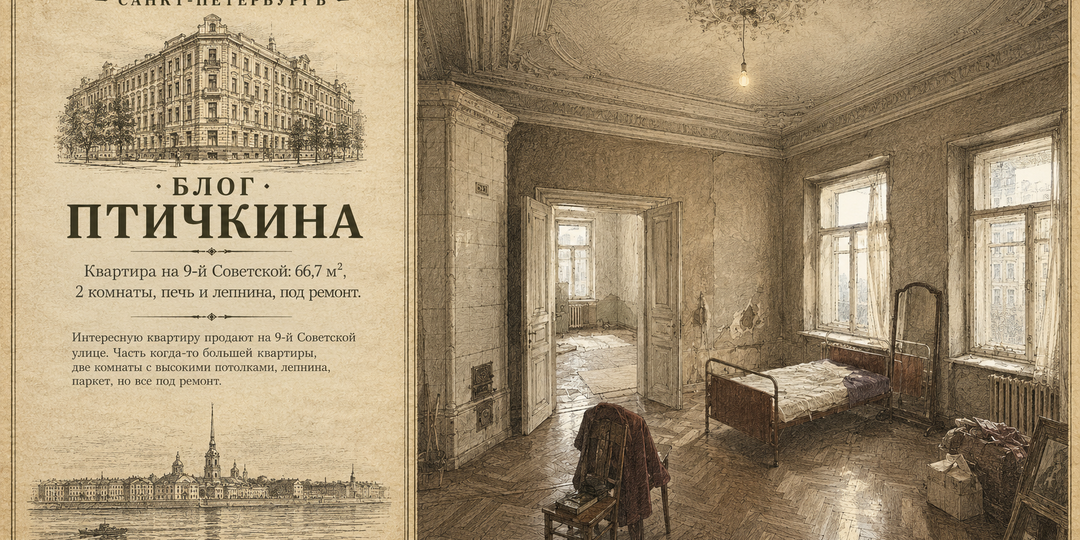 Квартира на 9-й Советской: 66,7 м², 2 комнаты, печь и лепнина, под ремонт.