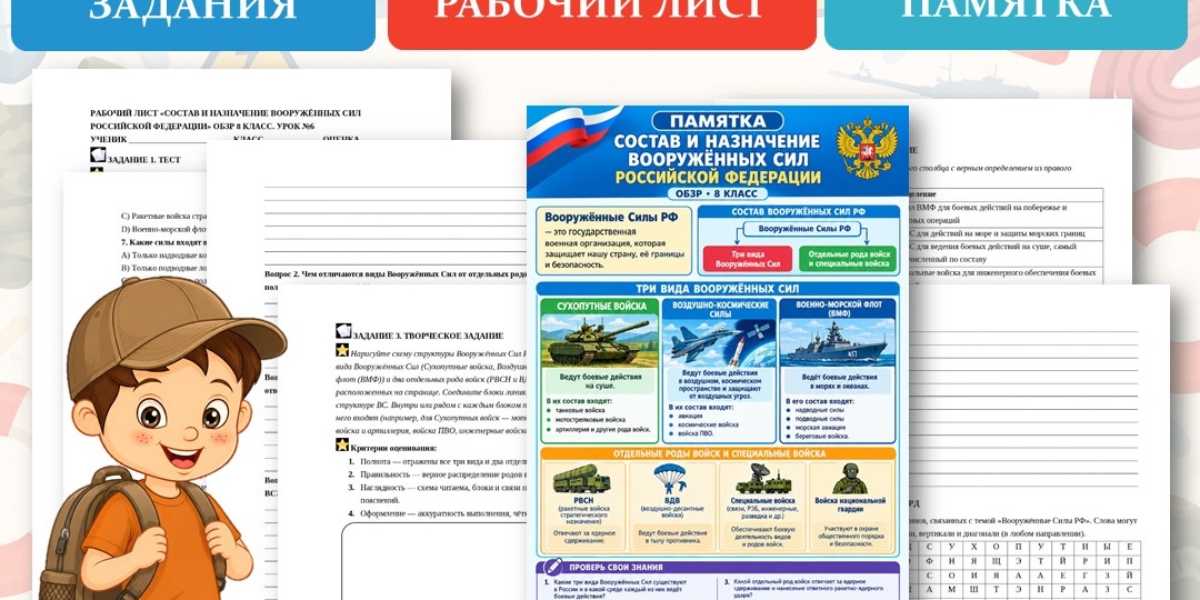 «Состав и назначение Вооружённых Сил Российской Федерации» рабочий лист. ОБЗР 8 класс. Урок №6.