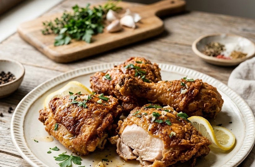 Курица жареная на сковороде с хрустящей корочкой и сочным мясом.