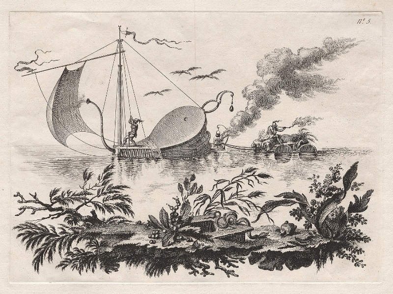 Филиппо Морген (1739-1807). «Собрание наиболее достопримечательных предметов, виденных кавалером Уайльдом Скуллом и синьором де ла Иром во время их знаменитого путешествия с Земли на Луну» («Способ перемещения груза на плоту, движимого посредством мехов»). Неаполь, 1769. Из собрания Сергея Стародубцева/Екатерины Лесковой